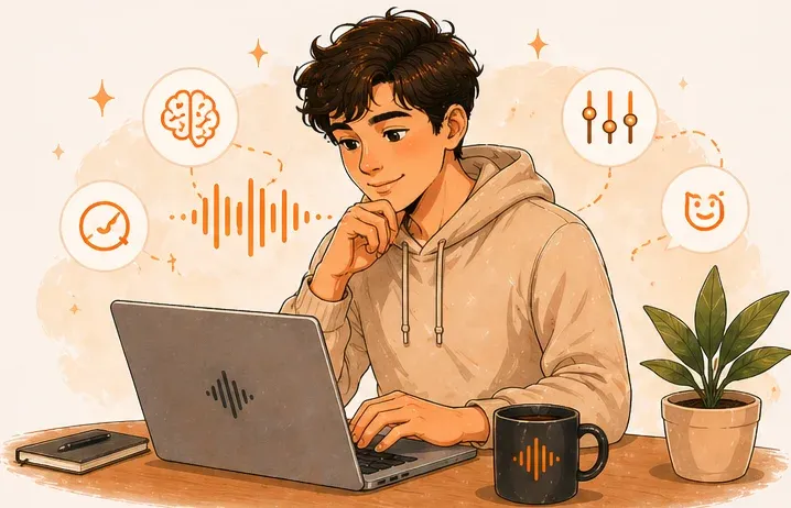 Creator at laptop with brain, settings and emotion icons floating around