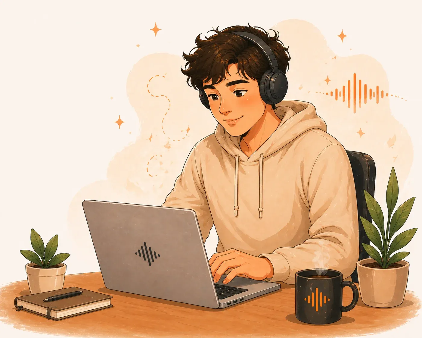 Person at laptop using AI voice generator