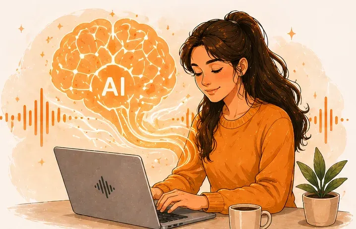 Creator at laptop with glowing AI brain and waveforms