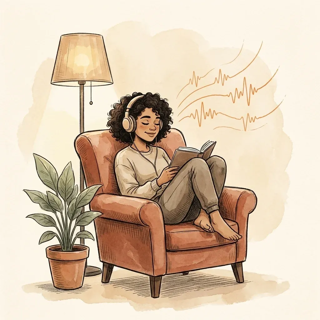 Reader with headphones and book