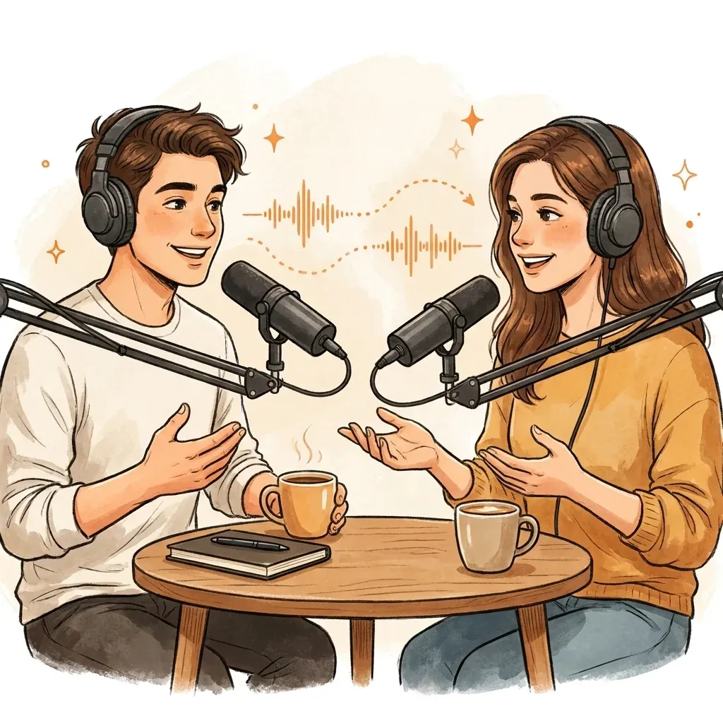 Two podcasters at a mic