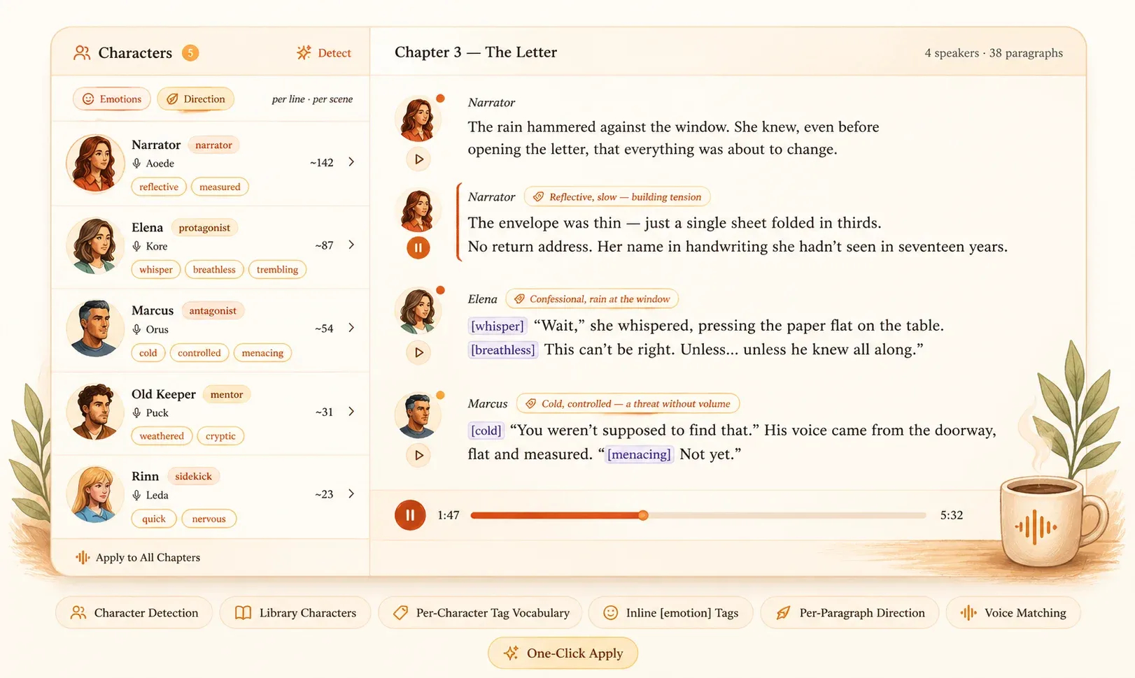 Notevibes studio interface — character panel, paragraph editor with scene direction and inline emotion tags