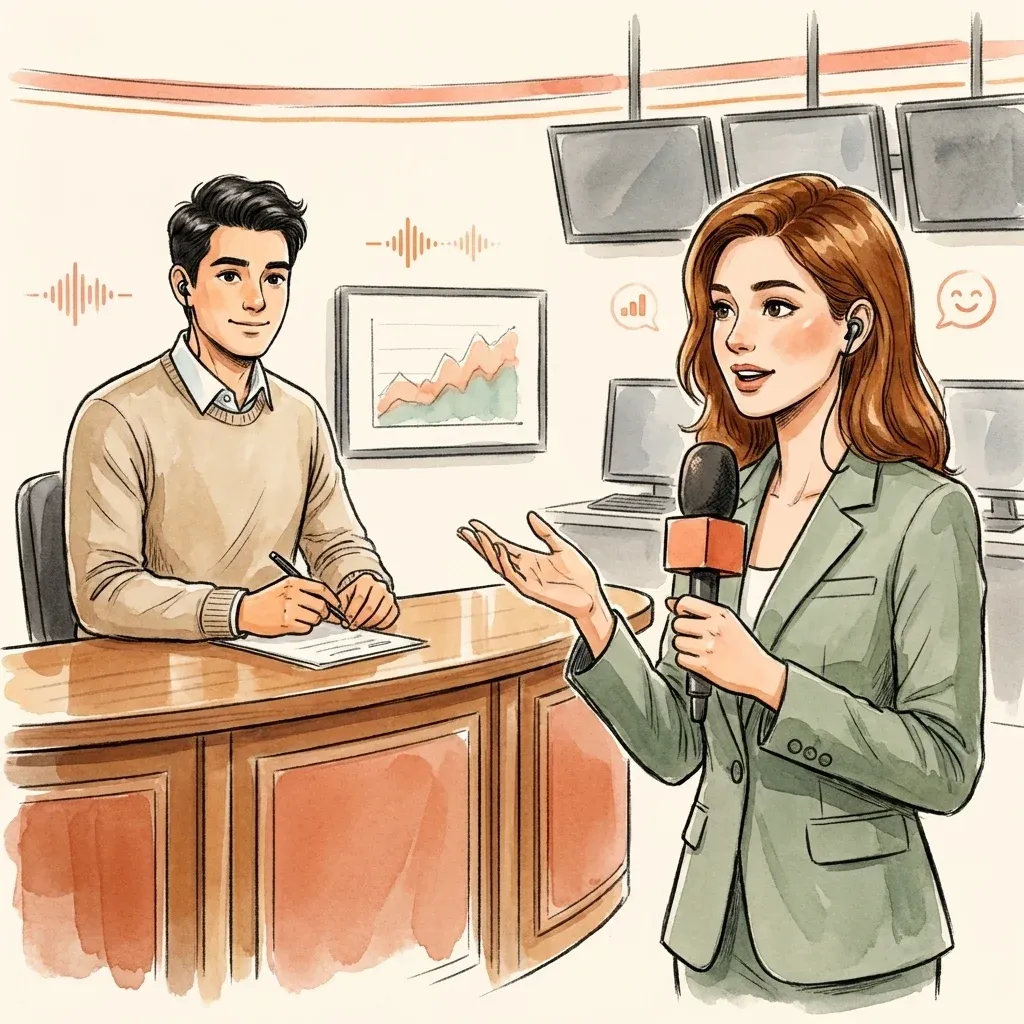 News anchor at a polished desk handing off to a field correspondent