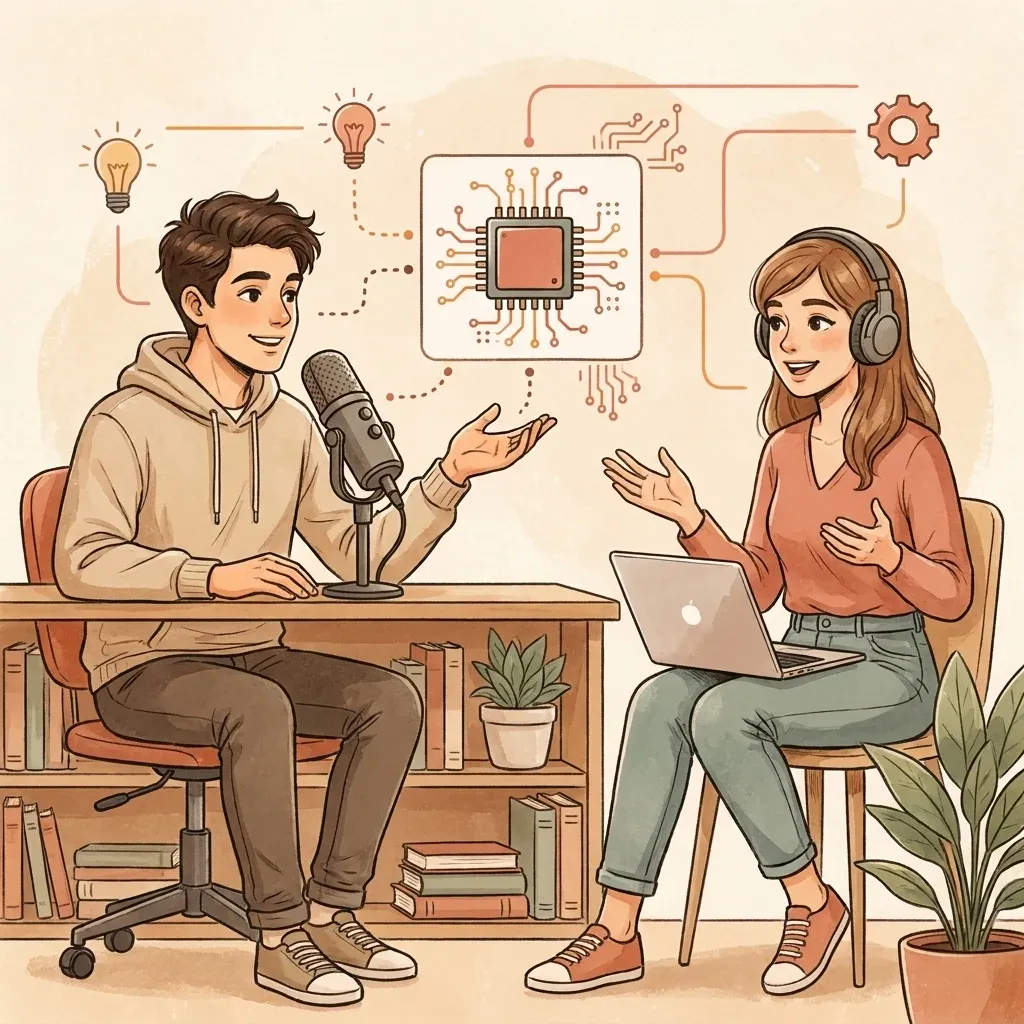 Tech host pointing at a floating diagram, expert with a laptop across the desk