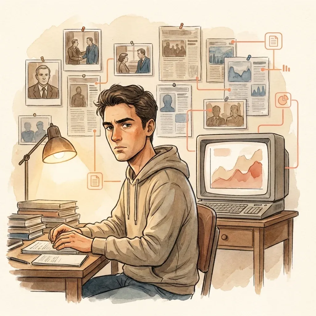 Investigative researcher at a dim study desk with archival photos