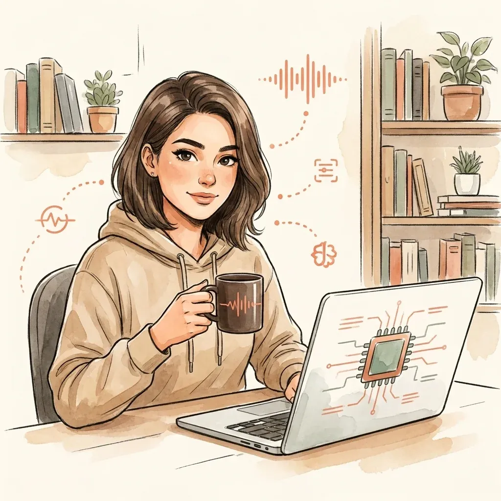 Tech reviewer at a desk with a sleek laptop and a coffee mug