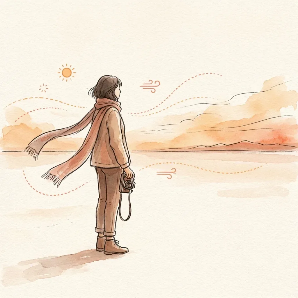 Traveler standing on a salt flat at sunrise, holding a small camera