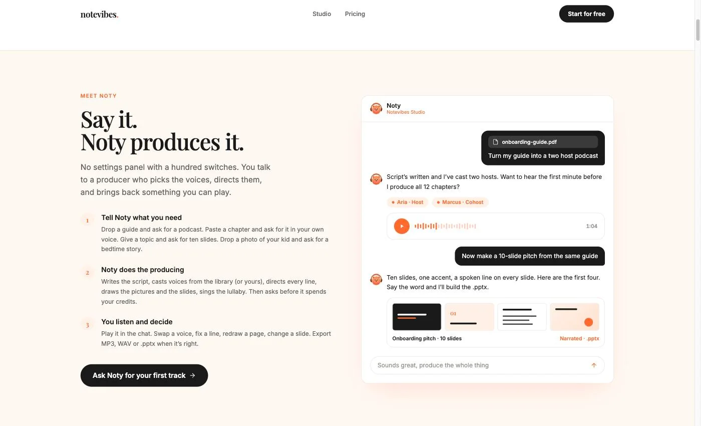 Noty, the Notevibes AI producer, building a podcast and then a 10-slide pitch deck from chat
