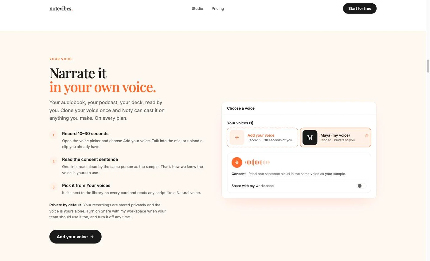 Notevibes voice cloning: the voice picker and the spoken consent step